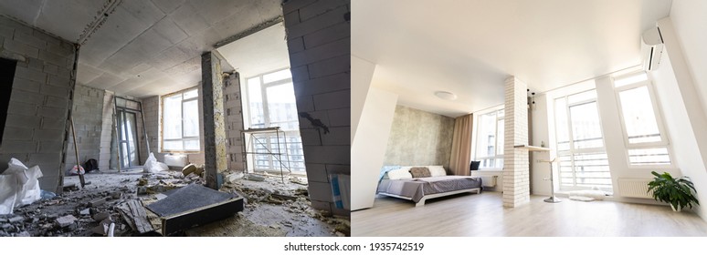 Empty rooms with large window, heating radiators before and after restoration. Comparison of old apartment and new renovated place. Concept of home refurbishment.