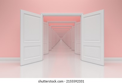 Empty rose gold room architectural interior with infinite open doors, endless corridor of doorway, walkaway - Shutterstock ID 2155592331