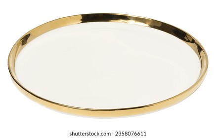 Empty round ceramic white plate with a gilded edge on a white isolated background. Crockery at an angle