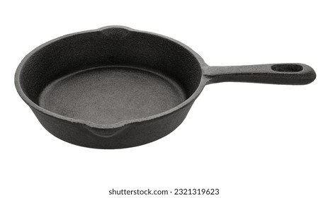Empty round frying pan, side view, close-up shot, isolated on white background