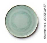 Empty Round green ceramics plates, Classic green plate isolated on white background with clipping path, Top view  Empty Textured plate on white background isolated, selective focus