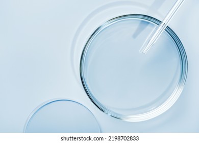 Empty round petri dish or glass slide and Pipette on blue background. Mockup for cosmetic or scientific product sample - Shutterstock ID 2198702833