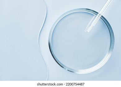 Empty round petri dish or glass slide and Pipette on blue background. Mockup for cosmetic or scientific product sample - Shutterstock ID 2200754487