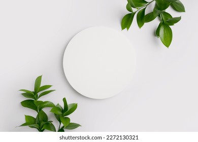 Empty round podium and green leaves on light grey background top view. Pedestal and fresh natural branches for cosmetic advertising. Eco product presentation mockup. Top view. Minimal flat lay. - Shutterstock ID 2272130321