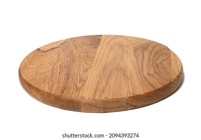 Empty Round Wooden Kitchen Cutting Board, Pizza Stand. White Background