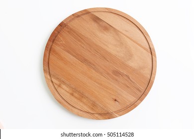 Empty Round Wooden Plate Isolated On White Background