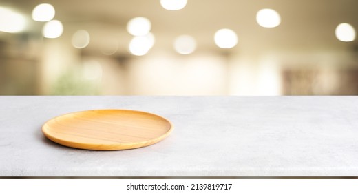 Empty Round Wooden Plate On Gray Cement Table Background, Banner With Copy Space, Blank Wood Tray For Food Display Montage, Template, Mock Up, Top View, Flat Lay