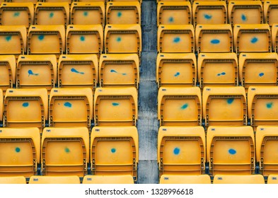 Empty rows  yellow seats in open air stadium