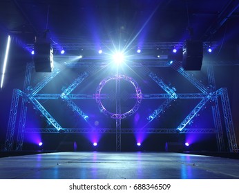 Empty Runway Fashion Show catwalk with moving beam lighting along walk way, background stage ramp