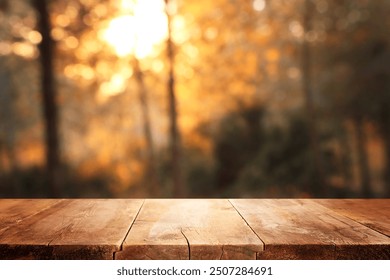 Empty rustic table in front of countryside background. product display and picnic concept