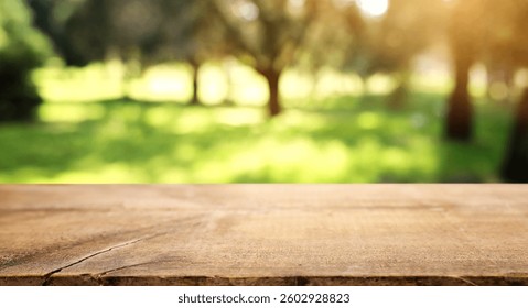 Empty rustic table in front of countryside background. product display and picnic concept