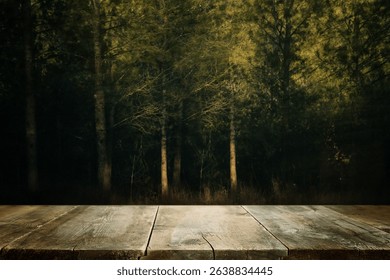 Empty rustic table in front of countryside background. product display and picnic concept