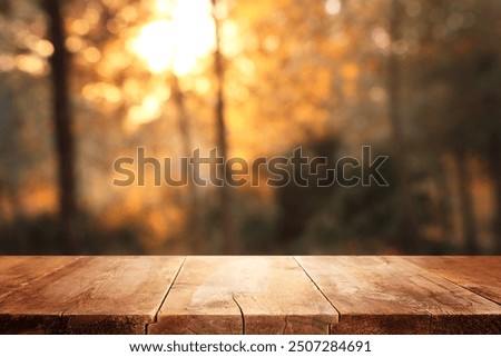 Empty rustic table in front of countryside background. product display and picnic concept