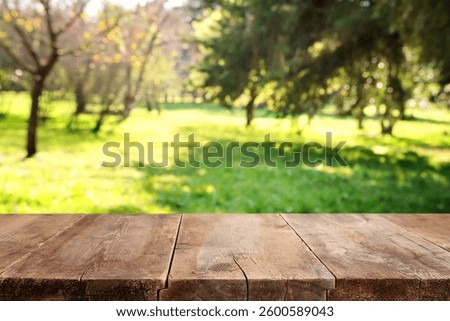 Empty rustic table in front of countryside background. product display and picnic concept