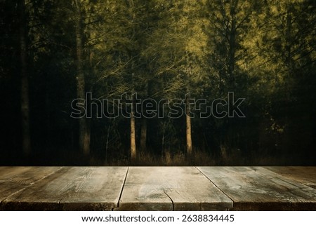 Empty rustic table in front of countryside background. product display and picnic concept