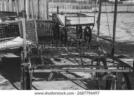 Empty, rustic transport carts on the beach. Comerce.