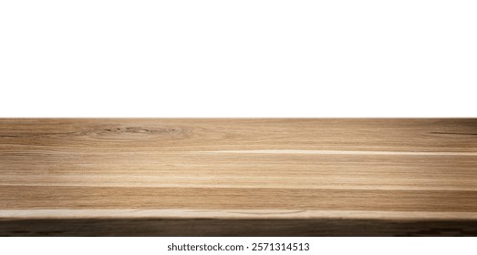 Empty rustic wood table isolated on white background. Perspective view of timber desk. Template with copy space for product display and advertising