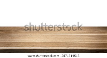 Empty rustic wood table isolated on white background. Perspective view of timber desk. Template with copy space for product display and advertising