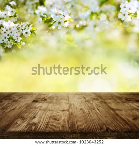 Empty rustic wooden table with cherry blossoms and spring background for a easter decoration