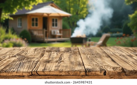 Empty rustic wooden table with copy space in sunny summer garden with small garden house background. Outdoor party, grilling time, summer relaxation concept. Mockup for food drink or seasonal product.