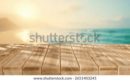 Empty rustic wooden table with copy space on sandy beach and sea and sky background. The image captures the essence of sunny summer day by the coast, evoking feelings of relaxation and calmness.