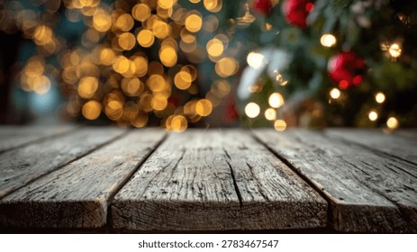 An empty rustic wooden table in the foreground with a bokeh effect of warm Christmas tree lights in the background.