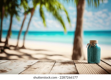 Empty rustic wooden table on blur background of beautiful beach for mockup summer product display or travel ad. Picnic table with customizable space on table-top for editing. Flawless