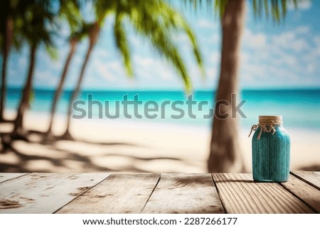 Empty rustic wooden table on blur background of beautiful beach for mockup summer product display or travel ad. Picnic table with customizable space on table-top for editing. Flawless
