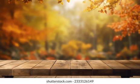 The empty rustic wooden table for product display with blur background of autumn forest. Exuberant image. - Shutterstock ID 2333126149