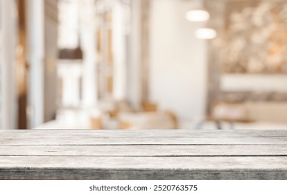 Empty rustic wooden table top with blurred background, perfect for product display. - Powered by Shutterstock