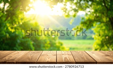 Empty rustic wooden tabletop with blurred sunny green forest background and sunbeam