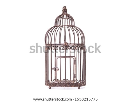 Empty rusty birdcage on white background, isolated
