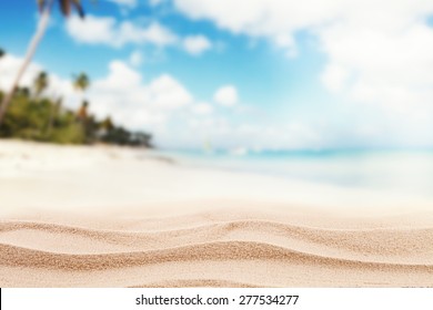 Empty Sandy Beach With Sea. Free Space For Text Or Product Placement