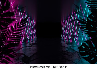 Empty scene background, abstract background with multicolored bokeh and neon lights. Silhouettes of tropical leaves - Powered by Shutterstock