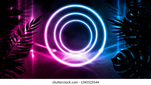 Empty scene background, abstract background with multicolored bokeh and neon lights. Silhouettes of tropical leaves