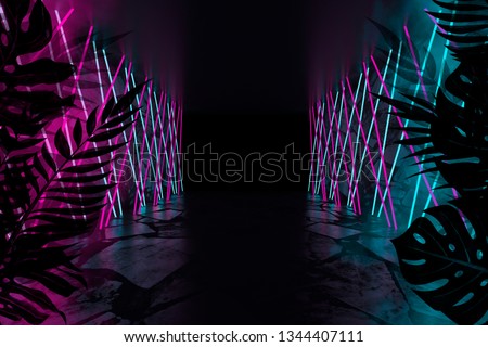 Empty scene background, abstract background with multicolored bokeh and neon lights. Silhouettes of tropical leaves