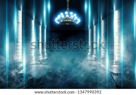 Empty scene background. Empty room with burning antique chandelier. Neon light smoke