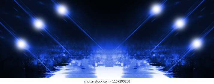 Empty scene of a show with lanterns and concrete floor, abstract background with bokeh, lights, rays