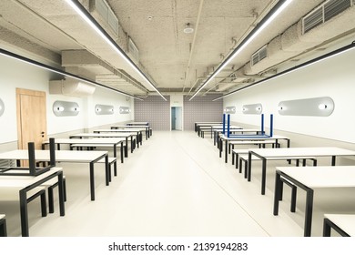 Empty School Cafeteria. Tables In Buffet