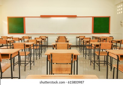 Empty School Classroom With Desks Chair Wood, And Green Board In High School Thailand, Vintage Tone Education Concept.