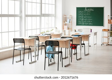 Empty School Classroom Prepared For Exam