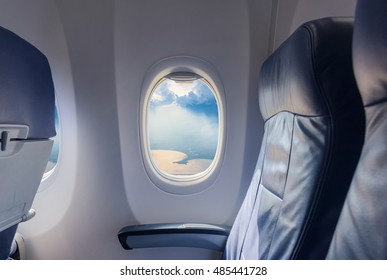 Empty Seat Airplane And Window View Inside An Aircraft