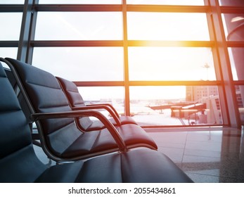 Empty Seats At Departure Lounge, No People. International Airport Interior, Nobody