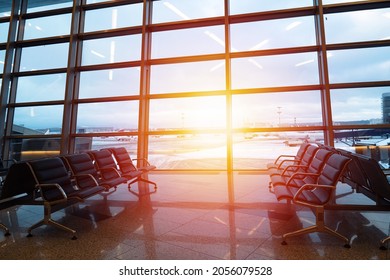 Empty Seats At Departure Lounge, No People. International Airport Interior, Nobody