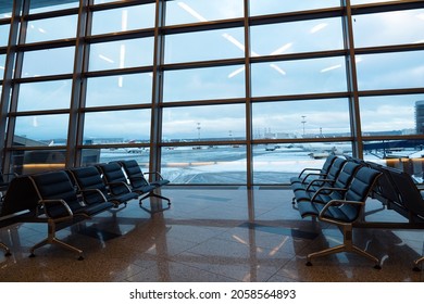 Empty Seats At Departure Lounge, No People. International Airport Interior, Nobody