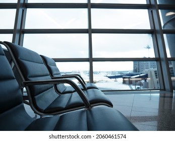 Empty Seats At Departure Lounge, No People. International Airport Interior, Nobody