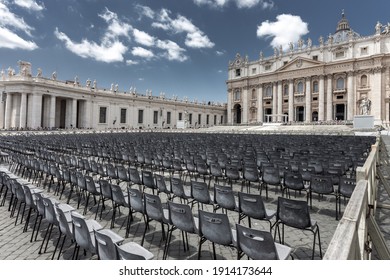 Empty Seats In Front Of St Peter Cathedral In Vatican