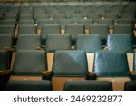 Empty seats in hall. Rows of seats. Classroom for students. Performance Hall.