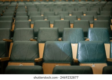 Empty seats in hall. Rows of seats. Classroom for students. Performance Hall.