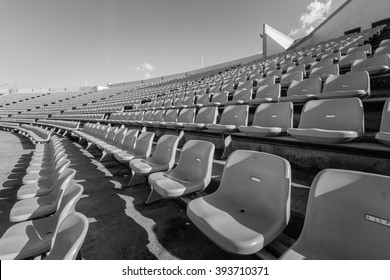 Empty Seats At Soccer Stadium , Black And White.